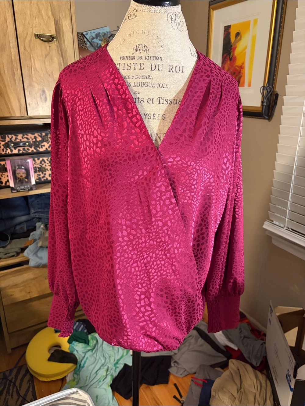 Chenault Blouse in Deep Raspberry Animal Print- Elegant V-Neck Top - XL